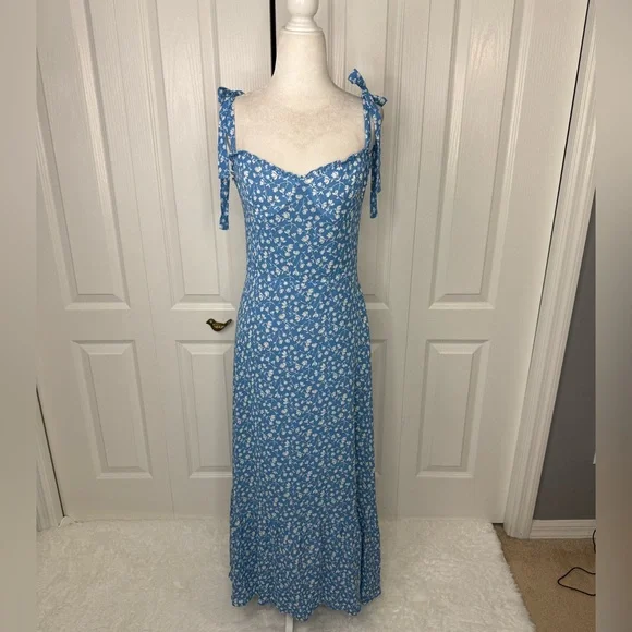 Reformation Blue Floral Tie Strap Midi Dress Size 8 Smocked Back Viscose - Picture 10 of 14